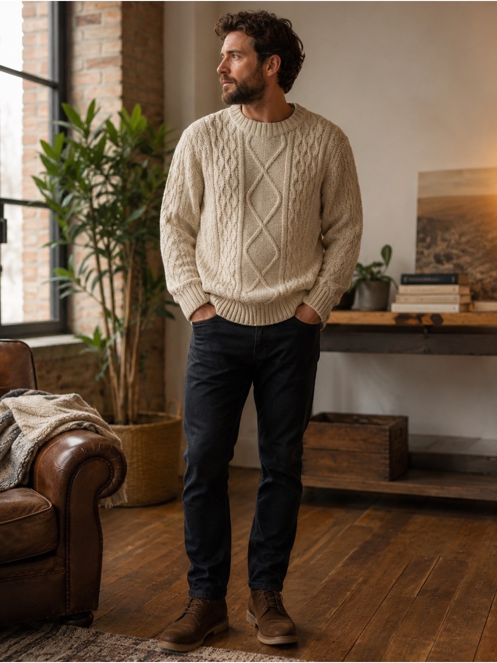 Men's Cable Knit Crewneck Sweater in Beige Neutral Cabin minimalist lux